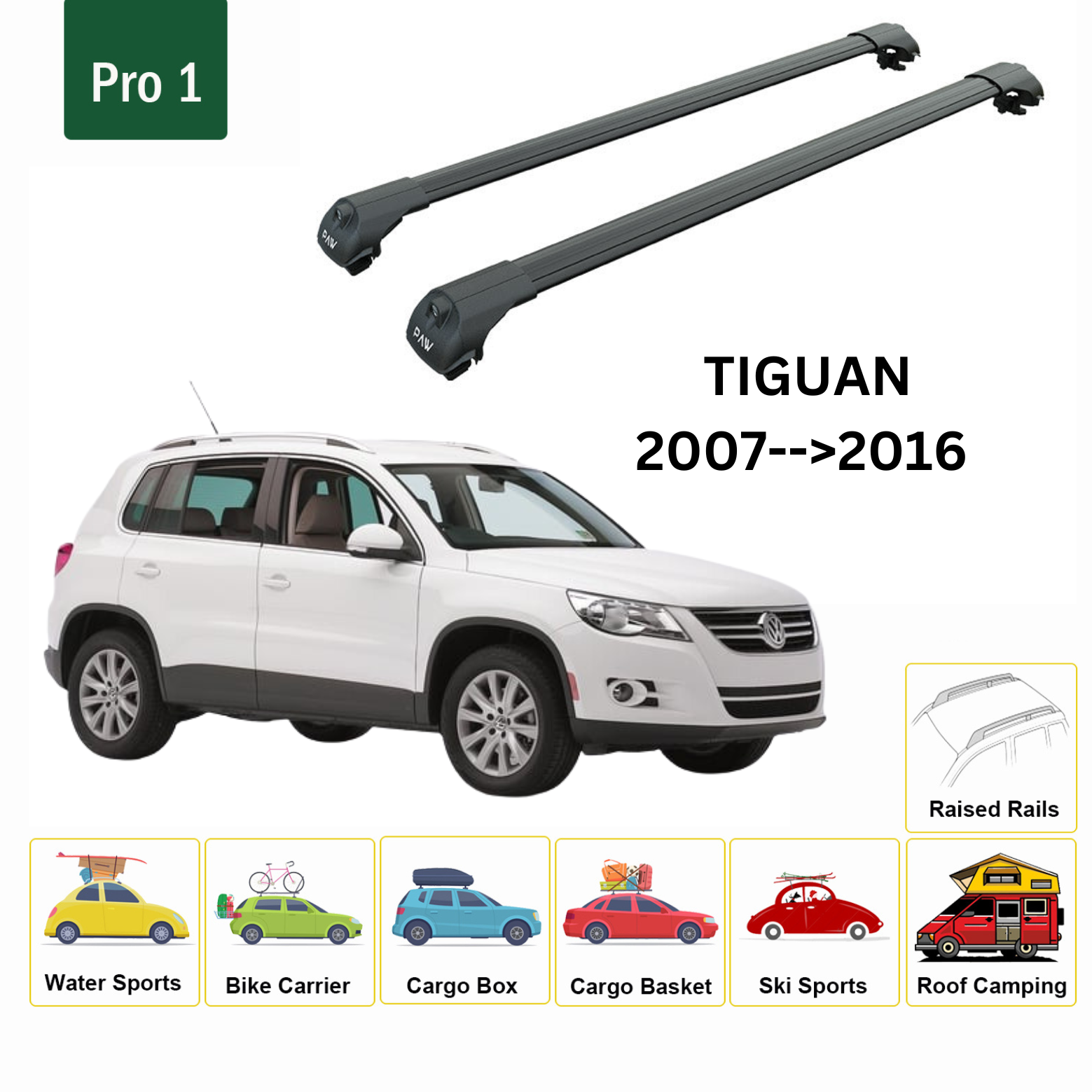 For Volkswagen Tiguan 2007-->2016 Roof Rack System, Aluminium Cross Bar, Metal Bracket, Raised Rail, Black For Volkswagen Tiguan 2007-->2016 Roof Rack System, Aluminium Cross Bar, Metal Bracket, Raised Rail, Black